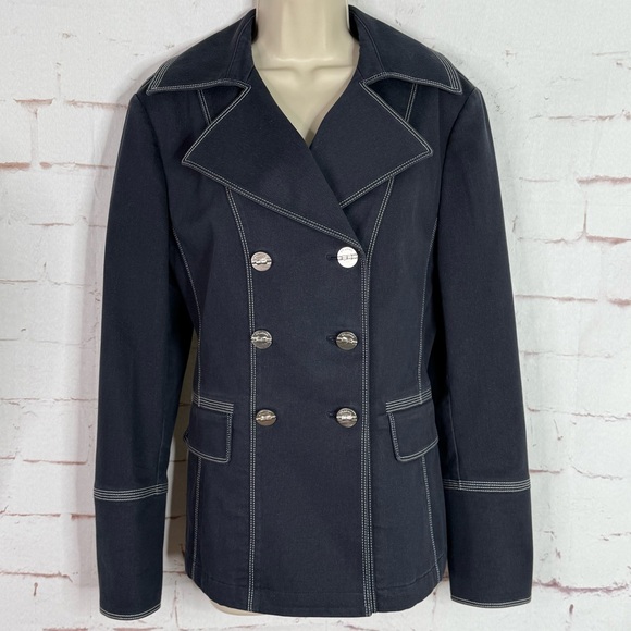 ST. JOHN Sport M Nautical Double Breasted Navy Cotton Blend Blazer Silver Button - Picture 5 of 14